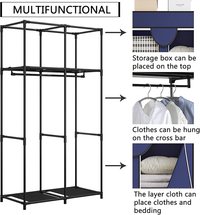 34 Inch Portable Wardrobe Closet Clothes Organizer with Metal Shelves and Non-Woven Fabric Durable Closet Storage Organizer for Bedroom (34 Inch, Blue)