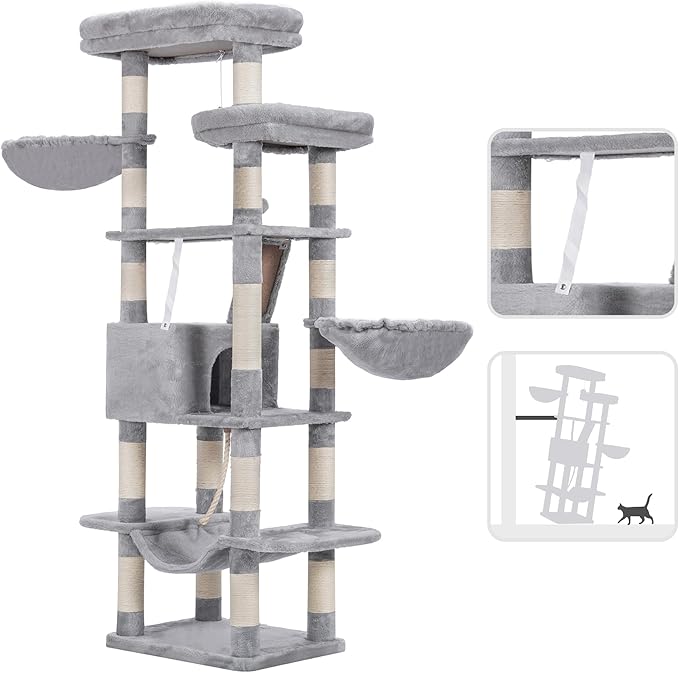 Heybly Cat Tree, 68 inch Multi-Level Cat Tower for Indoor Cats, 2 Widened Plush Perches Cat Condo with Scratching Board and Big Caves, Light Gray HCT025W-Mewly Pet