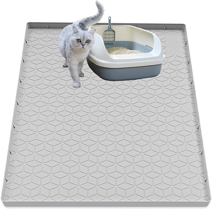 Cat Litter Mat for Litter Box, Silicone Large Cat Litter Trapping Mat - 28x22 in, Waterproof & Non-Slip, Durable & Easy Clean, Light Gray-Mewly Pet