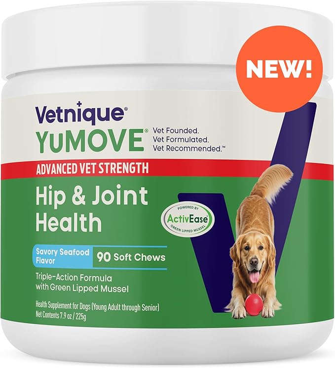 YuMOVE Hip & Joint Supplement for Dogs with Glucosamine, Hyaluronic Acid, Green Lipped Mussel & Omega 3 Joint Supplement - Regular or Advanced Strength (90ct, Advanced Vet Strength Soft Chews)-Mewly Pet