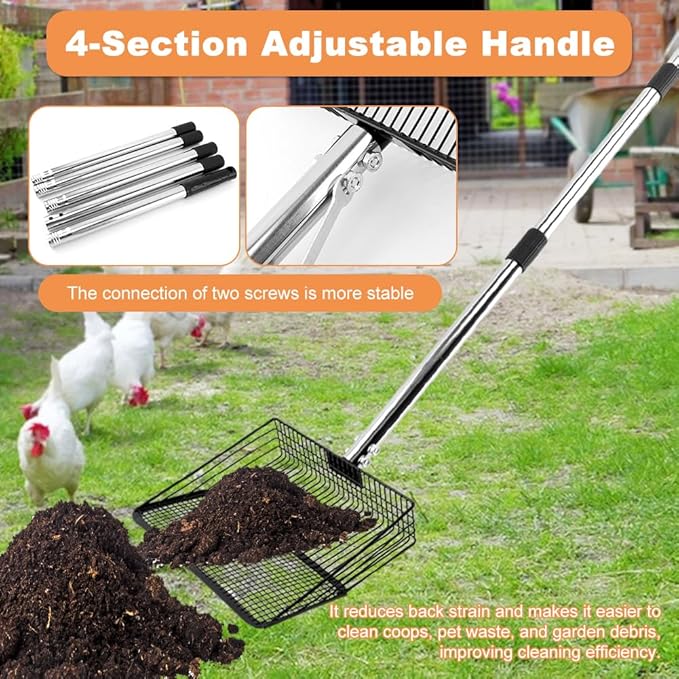 10inch Chicken Poop Scooper, Chicken Coop Scoop for Poop, 4 Sections Extended with 22 to 77inch Stainless Steel Adjustable Handle, Litter Scooper Sifting Shovel-Mewly Pet