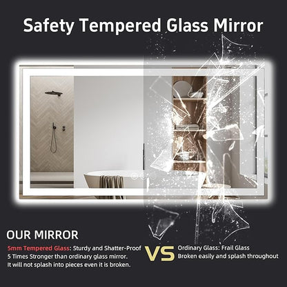 60"x 40" LED Bathroom Mirror with Lights, Front and Backlight, Dimmable Smart Mirror Bathroom, Anti-Fog, 3 Colors Lighted Bathroom Vanity Mirror for Wall Tempered Glass (Horizontal/Vertical)