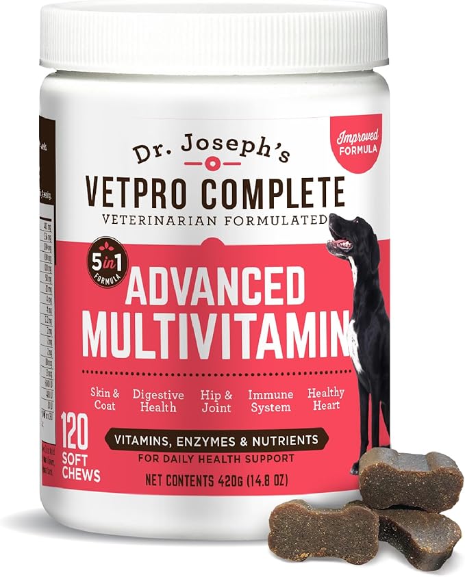 Dr. Joseph's VetPro Complete Multivitamin Dog Supplement, 120 Count (Large Dog 60 Day Supply), 5in1 Chew with Vitamins, Enzymes & Nutrients, Hip & Joint Health, Immune System & Allergy Support-Mewly Pet