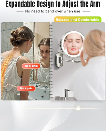 Wall Mounted Makeup Mirror with Light, 20X/1X 8'' Double Sided LED Magnifying Bathroom Lighted Vanity Mirror with Magnification, 3 Color Light up Touch Dimmable Extended Arm 360 Rotation