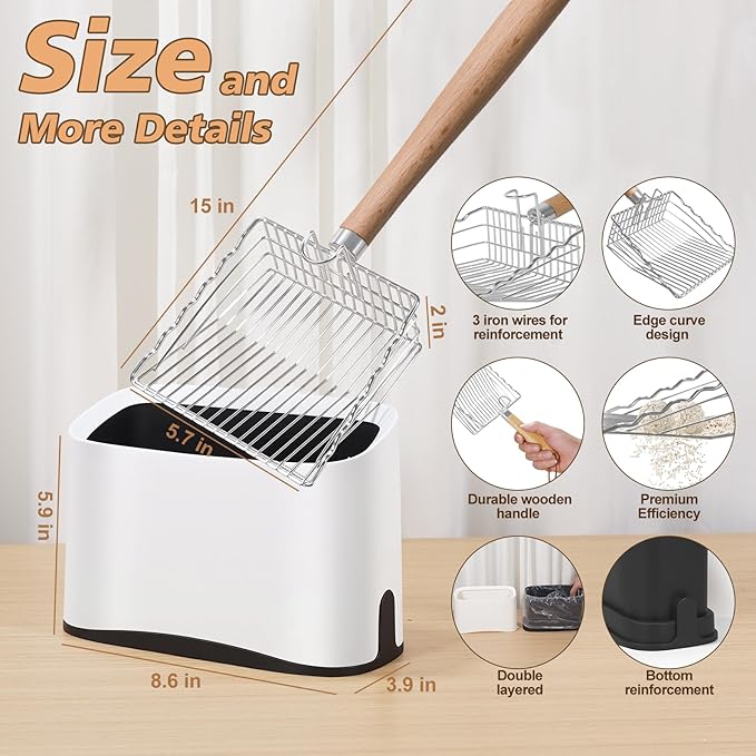 Metal Cat Litter Scoop with Holder, Poop Scooper with Stand and 2 Rolls of Garbage Bags, Heavy Duty Stainless Steel Shovel with Wooden, Quick Sifter for Easy Cleaning (Long handle-9.8" with Holder)-Mewly Pet