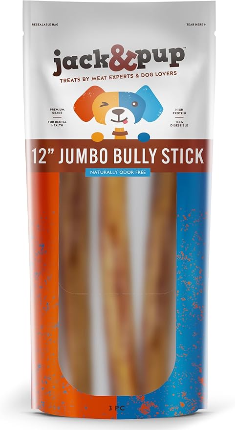 Jack&Pup 12 Inch Bully Sticks for Large Dogs (3 Pack) Jumbo Dog Chews for Aggressive Chewers | All Natural, Odor Free Bully Sticks for Dogs-Mewly Pet