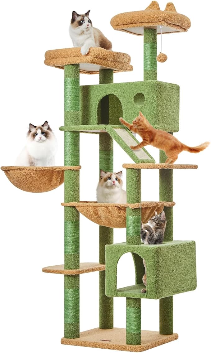 Taoqimiao Cactus Cat Tree, 71-Inch Cat Tower for Indoor Cats Large Adult, Multi-Level Large Cat Condo, 8 Sisal Scratching Posts, Metal Frame Cozy Hammock, Scratch Board, 2 Top Perches, MSC026L-Mewly Pet