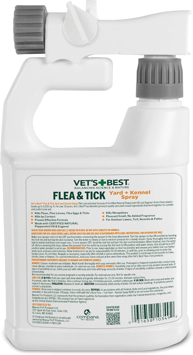 Vet's Best Flea and Tick Yard & Kennel Spray, Dog Flea Spray that Kills Fleas, Mosquitoes, & Ticks, Plant-Based Ingredients, Plant Safe Ready-to-Use Hose Attachment, 32 fl oz-Mewly Pet