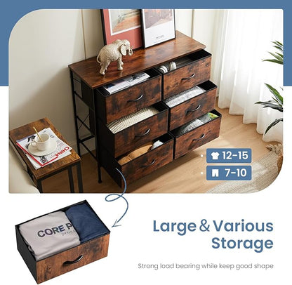 DUMOS TV Stand for Living Room, Dresser for Bedroom Chest of Dresser with 6 Fabric Drawers Storage Organizers Units, Nightstand for Bed