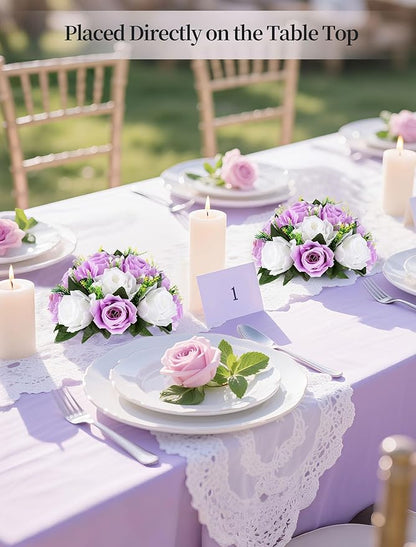 BLOSMON Lilac Purple Flowers Artificial: 2 Pcs Fake Roses Flower Balls Centerpiece for Wedding Table Decoration- Artificial Silk Kissing Bouquet Floral Arrangement for Home Party Event Decor