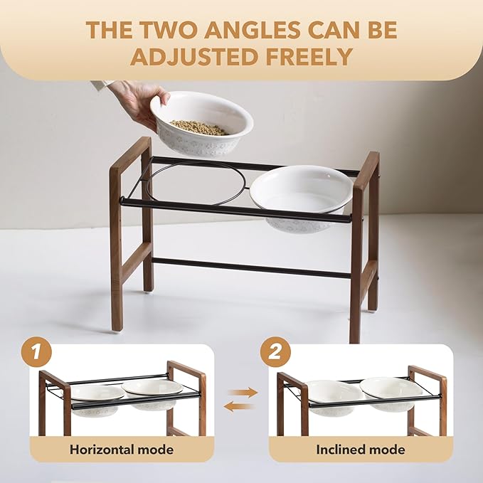 8.7inch Ceramic Adjustable Raised Double Bowls Set with Stand, 3 Heights Elevated, 2 Placement Options, Food and Water Dishes for Large Dog(Double Bowls+Stand, Reactived Glaze -White)-Mewly Pet