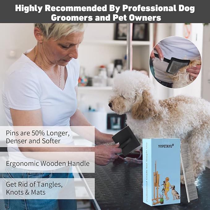 Dog Slicker Brush for Shedding and Grooming Medium or Long Haired Cats, Extra Long & Soft Pin Slicker Brush for Removes Loose Hair, Tangles, Knots, Undercoat, Free Pet Comb, Large Black-Mewly Pet