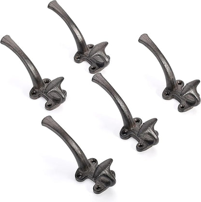 Ambipolar 5-Pack Decorative Cast Iron Heavy Duty Double Wall Hooks, Vintage Hooks in Antique Black Coat Hooks Wall Mounted for Mudroom, Hat Rack