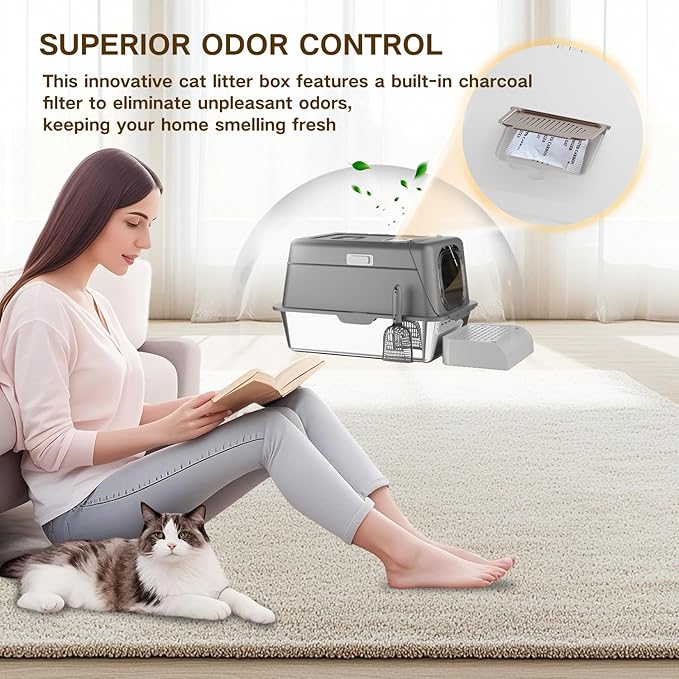 XX-Large Stainless Steel Cat Litter Box with Lid – Fully Enclosed Large Litter Box for Big Cats, Odor Control with Magnetic Door, Easy Clean, Multi-Cat Durable Metal Pan (Natural Color)-Mewly Pet