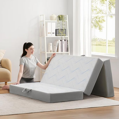 Foldable Mattress Queen 6 inch -Portable White Memory Foam Folding Matress with Washable Cover for Camping Travel Guest Room Home Use-Non-Slip&Easy Storage