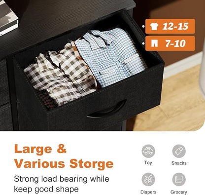 Sweetcrispy Dresser for Bedroom with 6 Storage Drawers, Fabric Storage Tower Organizer, Chest of Drawers with Metal Frame Wooden Top for Closet, Living Room, Entryway, Black