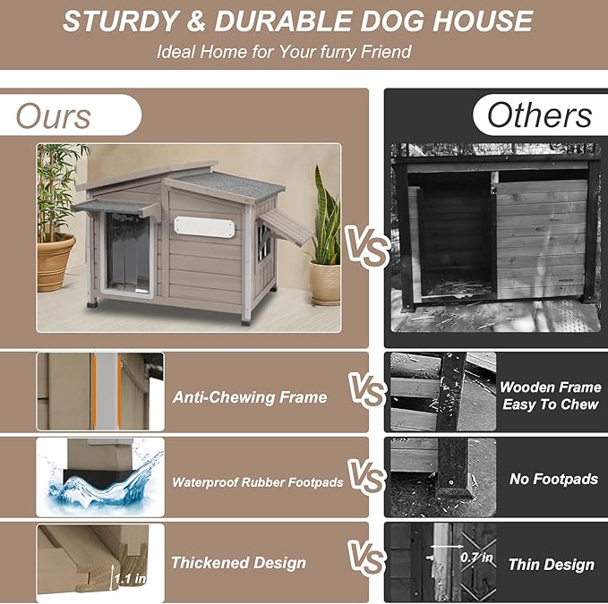 43" L Outdoor Extra Large Dog House with Removable Floor, Raised Feet, Anti-Chewing Iron Frame – Wooden Kennel with Asphalt Roof, Window for Indoor/Outdoor Use, Ideal for Medium to Large Dogs-Mewly Pet