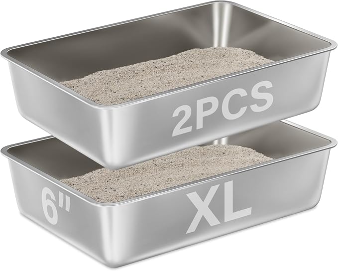Stainless Steel Cat Litter Box 2 Pack,XL Metal Litter Box for Big Cats, Cat LitterBox Metal Pet Toilet Easy to Clean,High Sided Litters Boxes Adult Big Cats,Non Stick, No Smell,23.6"x15.8"x6"-Mewly Pet