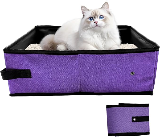 Foldable Travel Litter Box for Cats, Waterproof Portable Cat Travel Litter Box Collapsible, 15.75 * 11.82 * 3.94 Inches, Traveling & Camping Cat Supplies - Purple-Mewly Pet