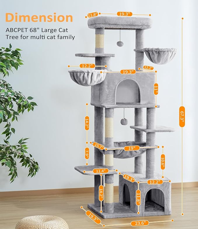 Cat Tree Large Cat Tower Tree 68" Multi-Level Cat Tower for Indoor Cats with Sisal Scratching Posts, Widen Cat Perche, Square Hammock, 2 Widen Condos, Scratching Posts, Light Grey-Mewly Pet