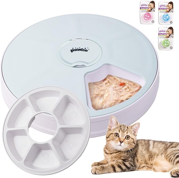 Pawise Automatic Cat Feeder, 6-Meal Programmable Pet Food Dispenser with Bird Chirp Sound Alert, Battery Operated, BPA-Free, Bonus Snack Ball Toy, for Cats & Small Dogs（Batteries Not Included-Mewly Pet