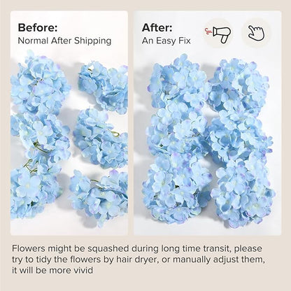 Auihiay 64 PCS Full Artificial Hydrangea Flowers, Blue Purple Silk Hydrangea Heads with Stems, Fake Flowers for Wedding Centerpieces, Baby Shower, Home, Garden, Party Decoration (Blue Purple)