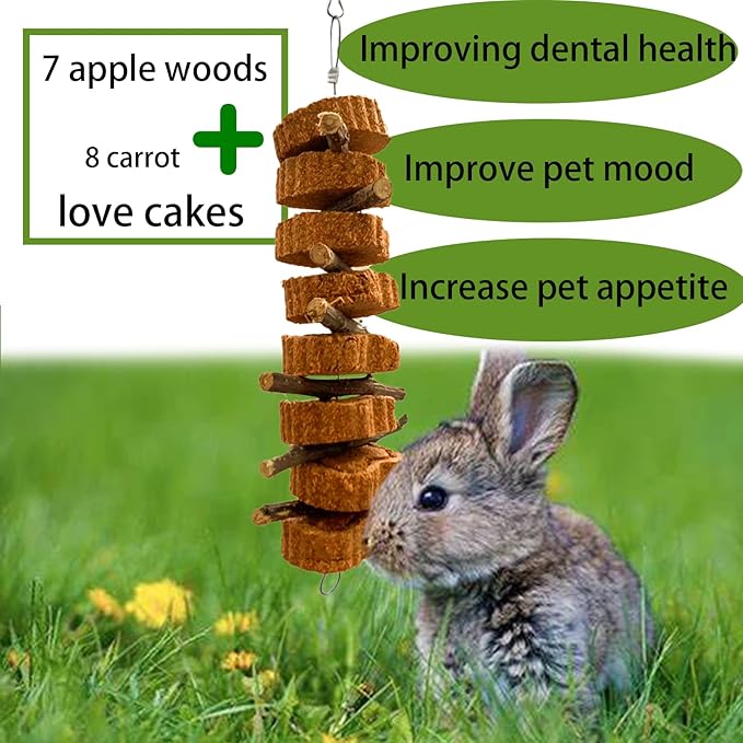 Bunny Carrot Cake Chew Toys,Rabbit Teeth Grinding Hanging Chinchillas Molar Toy Improve Dental Health Natural Apple Sticks for Guinea Pigs Rats Hamsters Gerbils(4 Packs)-Mewly Pet
