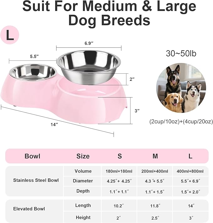 Elevated Dog Bowls Set - Non-Slip Raised Pet Feeder with Medium (10 oz) & Large (20 oz) Stainless Steel Bowls - Includes Durable Resin Stand for Puppies, Adult Dogs & Cats - Pink-Mewly Pet