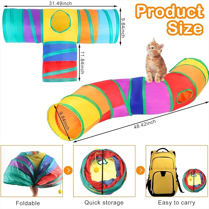 Wettarn 22 Pieces Cat Toys Set, with 2 Collapsible Tunnels for Indoor Cats and 20 Kitten Toys Tubes and Tunnels Interactive Feather Mouse Crinkle Balls for Pets Puppies(Colorful)-Mewly Pet