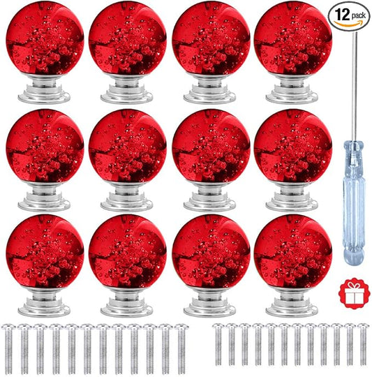 12 Pcs 30mm Round Shape Bubble Crystal Glass Cabinet Knobs with Screws Drawer Knob Pull Handle Used for Kitchen, Dresser, Door, Cupboard (Dark Red)