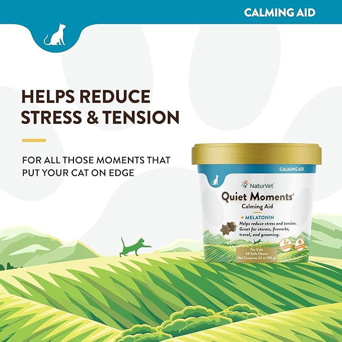 NaturVet –Quiet Moments Calming Aid for Cats Plus Melatonin – 60 Soft Chews – Helps Reduce Stress & Promote Relaxation – Great for Storms, Fireworks, Travel & Grooming-Mewly Pet