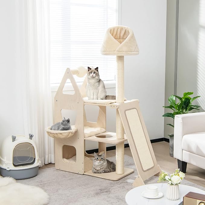 Tangkula Modern Wood Cat Tree for Indoor Cats, 64 Inch Multi-Level Tall Cat Tree with Scratching Rotatable Ball & Posts, Sisal Ramp, Hanging Basket, Large Cat Tower with Plush Perch, Washable Mats-Mewly Pet