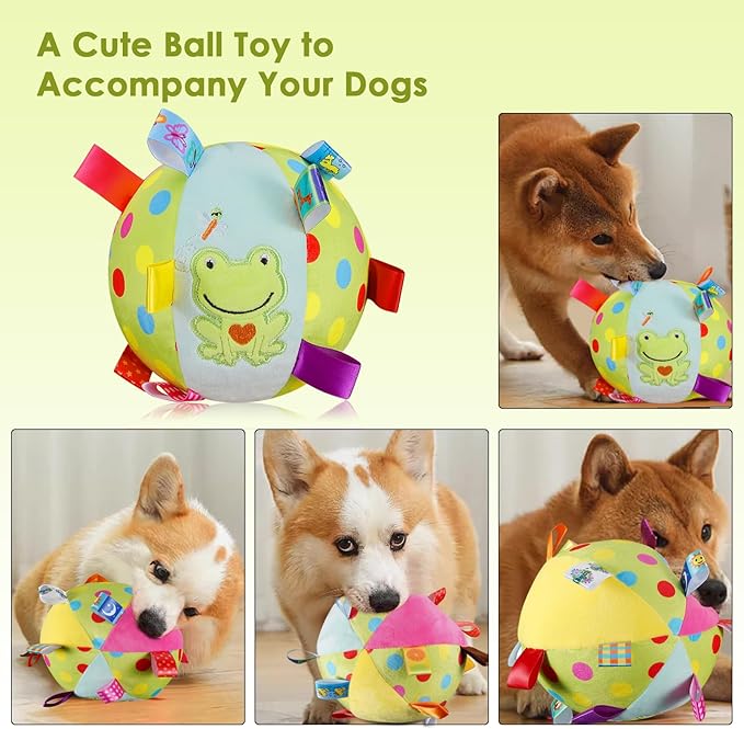 Dog Squeaky Plush Toy with Straps, 6-Inch Soft Stuffed Ball with Cotton Material and Bell Built-in, Pet Interactive Fetch Toy for Small to Large Dog-Mewly Pet