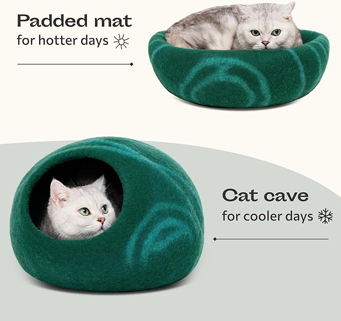 MEOWFIA Cat Cave – Premium Felt Cat Bed for Indoor Cats, Handmade 100% Merino Wool (Medium, Emerald)-Mewly Pet