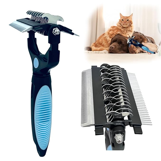 3-in-1 Pet Grooming Brush for Dogs & Cats – Double Sided Deshedding Tool with Stainless Steel Teeth, Detangler Comb & Undercoat Rake | Ergonomic Handle for Matted Fur Removal, Safe for Long/Short Hair-Mewly Pet