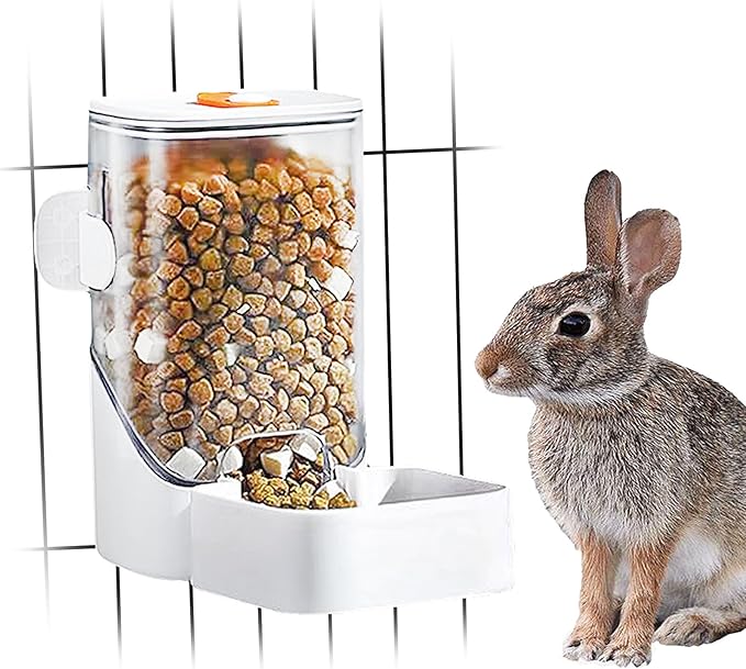 34oz Automatic Rabbit Feeder for Cages, Hanging Auto Bunny Food Bowl Dispenser Small Aniaml Cage Accessories for Ferret Guinea Pig Rat Rabbit Cat Puppy (White)-Mewly Pet