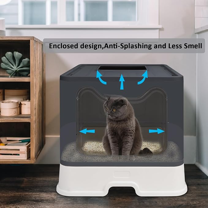 Foldable Cat Litter Box with Lid, Enclosed Potty, Large Top Entry Anti-Splashing Toilet, Easy to Clean Including Litter Scoop and 2-in-1 Cleaning Brush (Black)-Mewly Pet