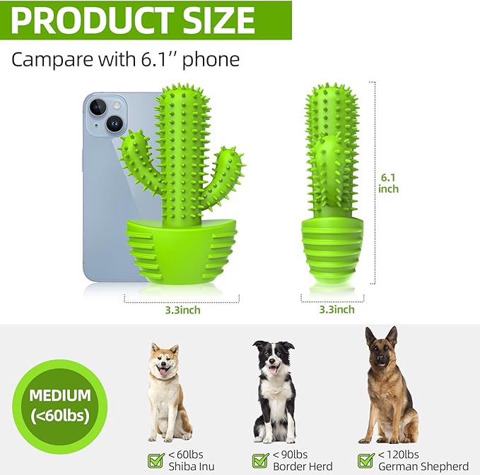 Dog Chew Toys, Toothbrush Stick Teeth Cleaning Brush Dental for Small Medium Large Dog, Rubber Squeaky Toys for Aggressive Chewers Cactus Tough Toys-Mewly Pet