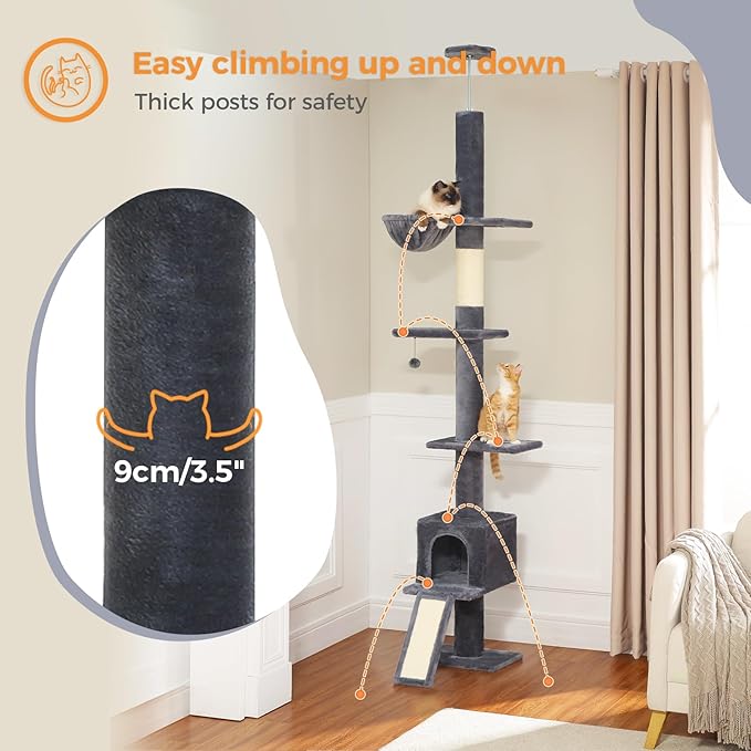 PEQULTI Floor to Ceiling Cat Tree, Tall Cat Tower, Adjustable Height (83''-108'') 5 Levels Climbing Tree for Indoor Cats with Cat Condo, Cozy Hammock and Scratching Post, Smoky Grey-Mewly Pet