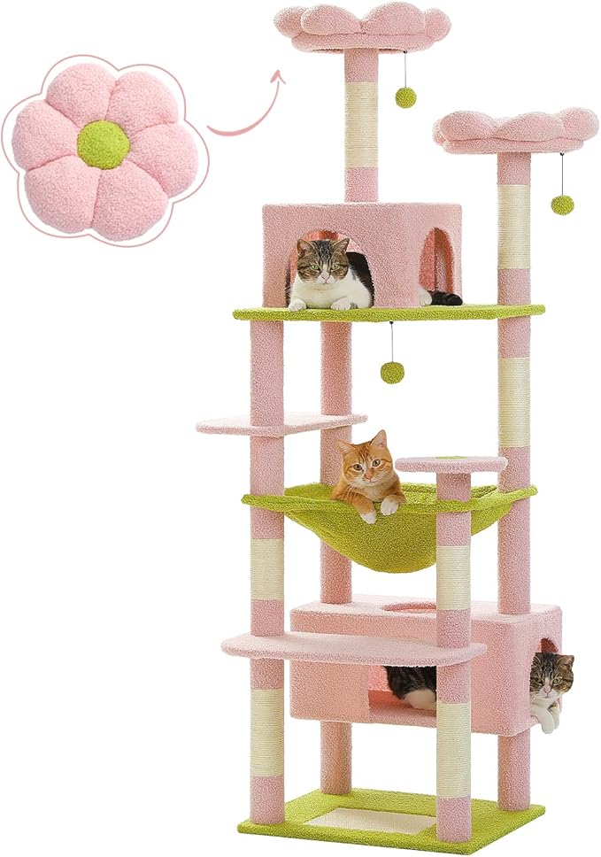 PAWZ Road Flower Cat Tree, 72 Inches Large Cat Tower with Steel Frame Hammock and 7 Scratching Posts, Tall Cat Tree with 2 Condos and Perches for Large Indoor Cats - Pink-Mewly Pet