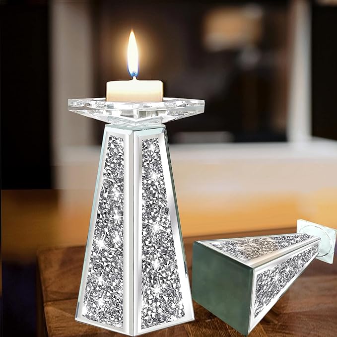 Wocred 2 Piece Candlestick Holders for Holding Pillar Candles, Crystal Crushed Diamond Candle Holders Set Decor for Dinning Room, Silver Glass Votive Candle Holders for Table Centerpiece(8”)