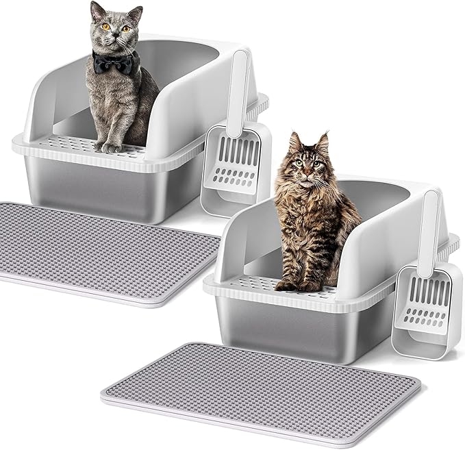2 Pack Stainless Steel Cat Litter Box with Lid, 20" L x 14.2" W x 11.8" H, Extra Large Litter Box for Big Cats with High Sided, Anti-Urine Leakage, Easy Cleaning, Include Cat Mat and Scoop-Mewly Pet