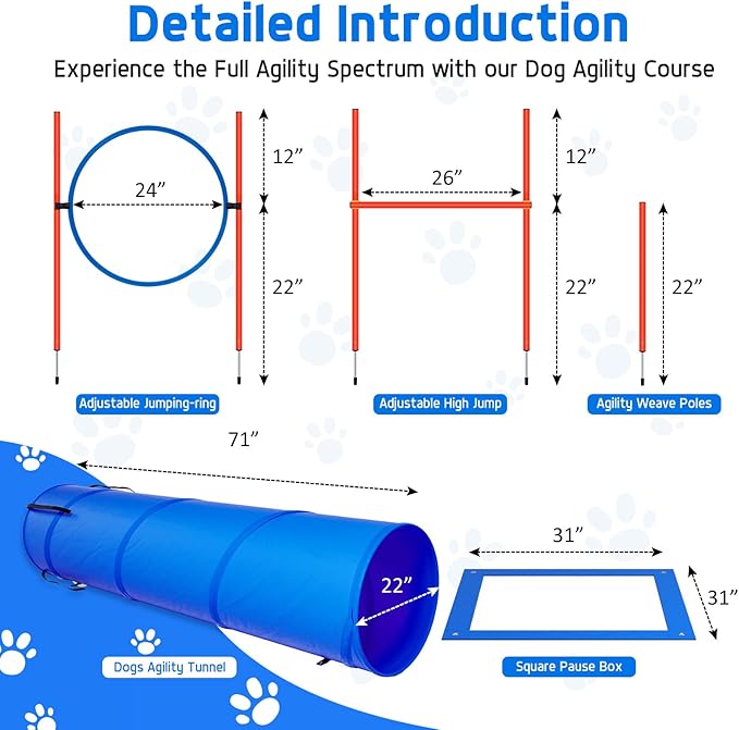 Polar Aurora Dog Agility Equipment, Dog Obstacle Courses Backyard - Pet Outdoor Games w/Adjustable High Jump, Agility Weave Poles, Tunnel, Jumping Ring, Pause Box, 2 Balls,Whistle and Carrying Bag