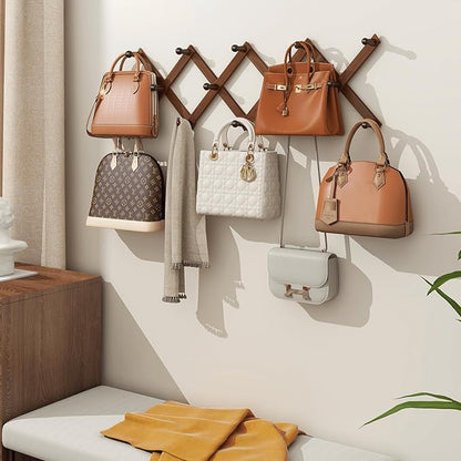 Homode Accordion Wall Hanger, Hat Rack for Wall, Wood Expandable Coat Rack, Vintage Accordian Peg Hooks Purse Organizer for Hanging Baseball Caps, Coffee Mug, Hats, Clothes, Backpack, Towel