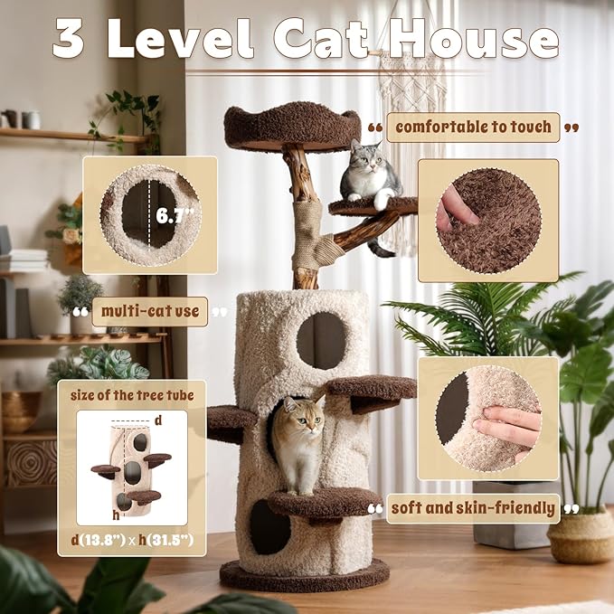 Luxury Treehouse Cat Tree for Indoor Large Cats,54.7'' Tall Modern Wood Cat Tower with 3 Level House,4*Cozy Perch,1*Soft Viewing Bed,Heavy Duty Wide Base,Sisal Scratching Post (54.7inch)-Mewly Pet