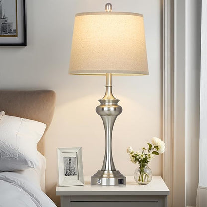 30" Silver Table Lamps Set of 2, 3 Way Touch Control Living Room Lamp with USB A+C Ports, Modern Brushed Nickel Bedroom Lamps, Tall Metal Bedside Lamp for Nightstand Desk Side Table Office