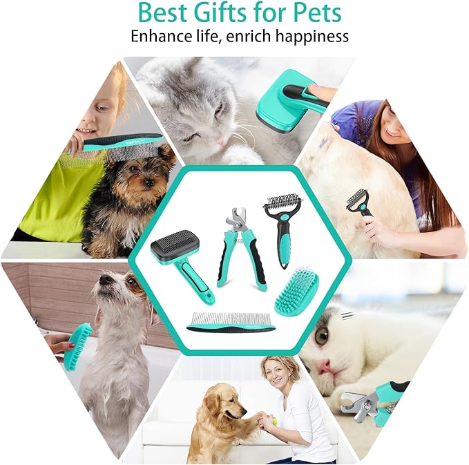 Dog Brush Kit for Grooming Short & Long Haired Dogs & Cats, 5 in 1 Pet Grooming Set for Small Animals, 5 PCS Puppy Self-Cleaning Slicker Brush and Pet Comb for Shedding Medium & Large Dogs-Mewly Pet