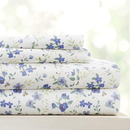 Linen Market Double-Brushed Patterned Microfiber Full Sheet Set 4 Piece – Oeko-TEX Certified Ultra Soft & Wrinkle-Free - 16" Deep Pocket Sheets - Easy Care Full Size - Blossoms Light Blue