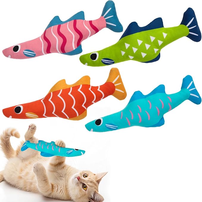 EXPAWLORER Catnip Cat Toys Fish,4 Pcs Durable Cat Kicker Toy with Natural Catnip Cotton,Interactive Bite Resistant Soft Pillow Filled for Indoor Cats Kitten Playing,Drives Bored Cats Crazy with Fun-Mewly Pet