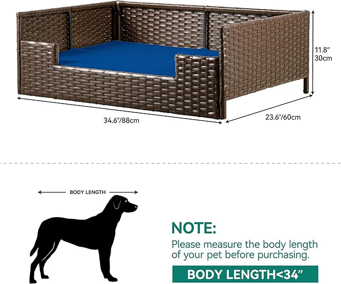 YITAHOME Rattan Dog Sofa Bed with Cushion,Wicker Pet Bed Sofa Couch Indoor Outdoor Water Resistant for Large Medium Small Dogs Cats (34.6''L*23.6''W*11.8'',Blue)-Mewly Pet